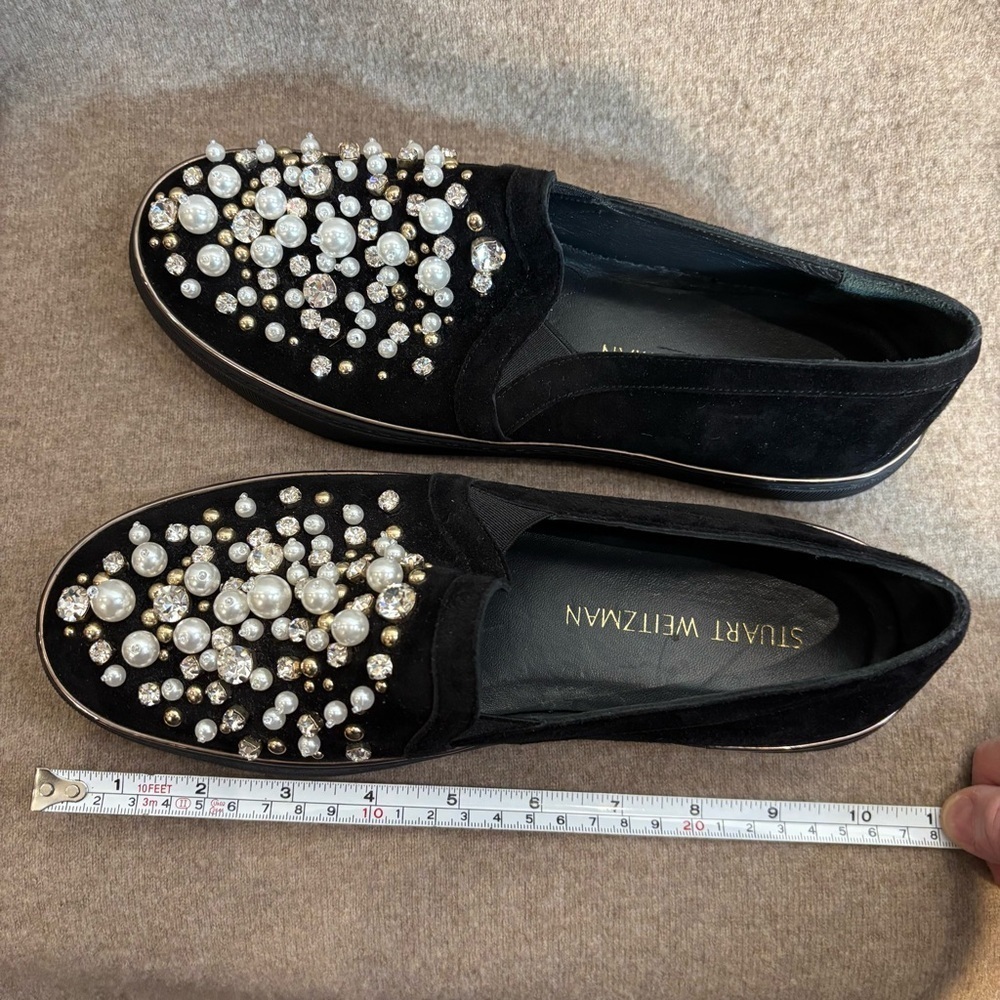 STUART WEITZMAN Sz 8 Pearl and Rhinestone Embellished Slip On Black Loafers - Picture 13 of 14